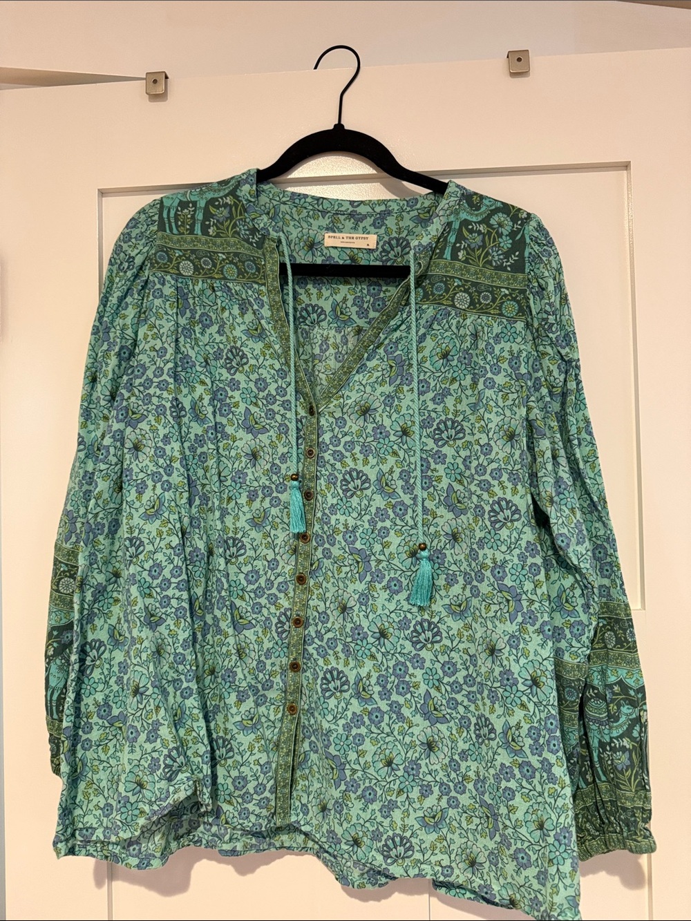 Spell Teal & Green Floral Tassel Button-Front Blouse